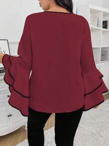 SHEIN Unity Plus Size Elegant Color Blocking Ruffle Hem Flare Sleeve Blouse For New Year Clothes - Red - View 2