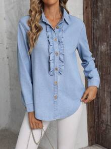SHEIN LUNE Women's Casual Ruffle Trim Button Front Denim Blouse, Autumn - Blue - View 5