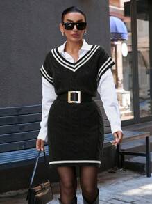 RueChic Casual Mini Cable Knit Contrast Color Stripe Hem Sweater Dress