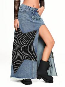 ROMWE Grunge Punk Falda vaquera larga y estrecha para mujer con un corte alto y una aplicación en espiral de estrella con estilo grunge y misterioso