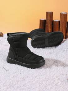 Infant Winter Boots With Umbrella Fabric Upper, Soft & Warm Thermal Lined , Suitable For Snow, Outdoor Hiking, Non-Slip, Rubber Sole, Solid Color - Black - View 2
