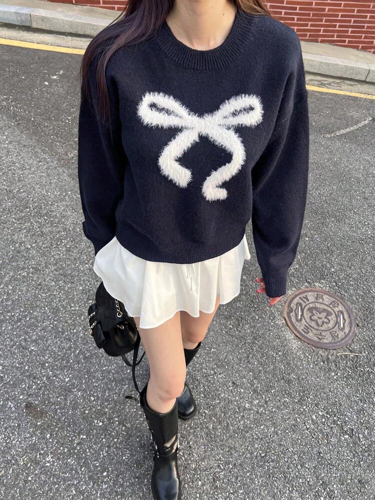 New Plush Bow Knitted Sweater For Women, Autumn