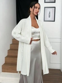 EURMUSE Long Cardigan Special Pattern Detail - White - View 2