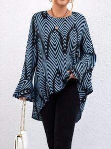 Calvaya Plus Size Asymmetric Hem Geometric Print Frill Trim Long Sleeve Shirt