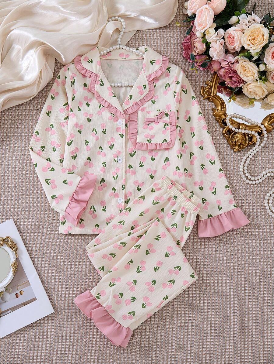 Tween Girls' Elegant Homewear Set With Light Purple & Champagne Floral Print Long Sleeve Top And Pants - Pink - View 1