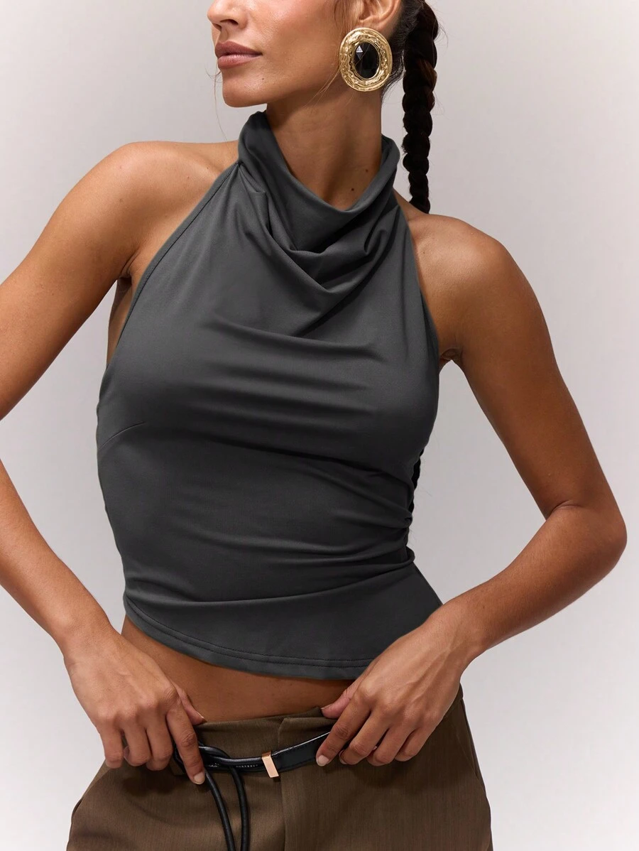 MUSERA Cowl Halter-Neck Top Ibiza Festival Rave Going Out Tops Club Fall Spring Summer Holiday - Dark Grey - View 1
