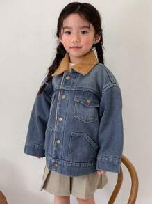 DAZY Chaqueta de mezclilla con parches de felpa para niña, informal para otoño/invierno