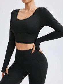 女士纯色圆领长袖镂空休闲运动 T 恤 - 黑色 - 查看 2