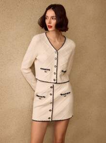 MOTF PREMIUM CONTRAST BINDING BUTTON DETAIL TEXTURED KNIT SKIRT - Black and White - View 2