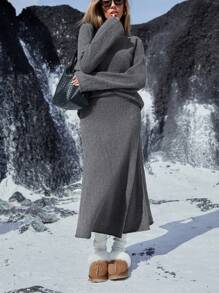 Aveloria Affinna Conjunto de 2 piezas de suéter de cuello redondo con dobladillo rizado y falda larga de punto holgado, estilo retro, para uso cómodo en otoño/invierno