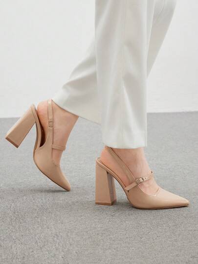 CUCCOO BIZCHIC Zapatos de tacón grueso con punta puntiaguda y correa, de color albaricoque, diseño clásico simple para el Día de San Valentín, para mujer