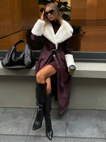 Aloruh Áo khoác dài thắt lưng bằng da PU và lông thú giả thanh lịch dành cho nữ, có ve áo, mùa thu/đông - Màu Đỏ Sâu - Xem 1