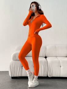 SHEIN EZwear Black Two Pieces Set Sportswear Zip Up Jacket & Leggings - Orange - View 4