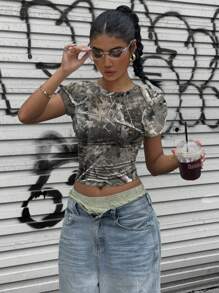 SHEIN EZwear Vintage Retro Withered Branch Camouflage Print Short Tight-Fitting T-Shirt, Summer - White - View 4