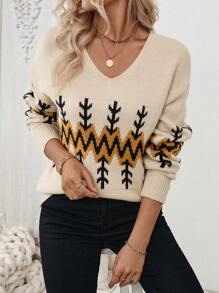 SHEIN LUNE Pull tricoté bohème à motif col en V décontracté pour femme, automne hiver