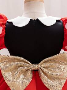 Glamorique Kids Christmas Party Santa Dress, New Year's Dress For Young Girl - Black & White Polka Dot, Sparkle Print, Puff Sleeve Princess Dress With Tiered Skirt, Bowknot, Gold Glitter Stage Performance Costume