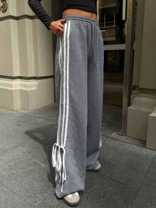 Aloruh Women's Solid Color Patchwork Front Tie Waist Casual Pocket Pants - Grey - View 6