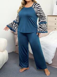 Zebra Pattern Patchwork Long Sleeve Plus Size Pajama Set