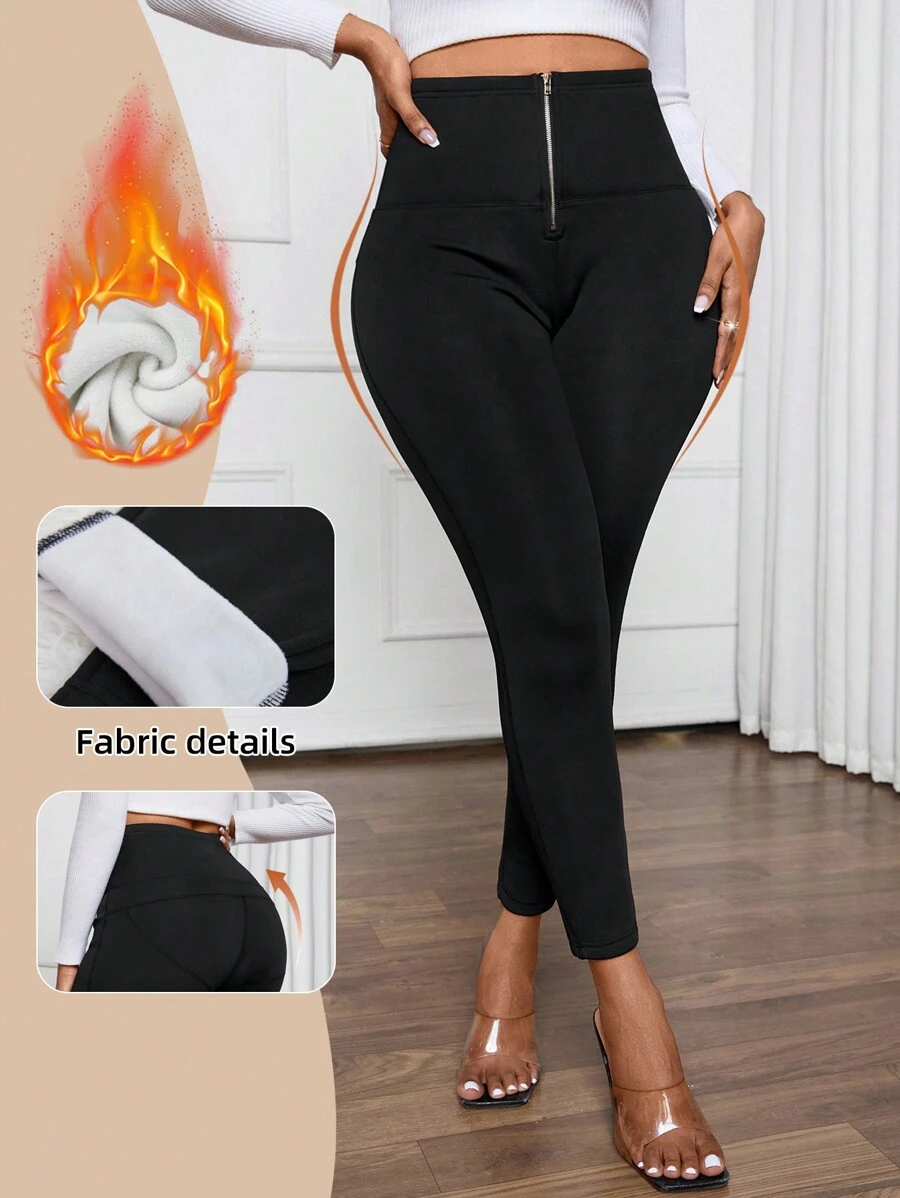 SHEIN Lady 黑色纯色拉链门襟紧身裤秋冬保暖内衬裤