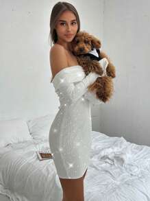 Aloruh Elegant Sequin Off-Shoulder Trumpet Sleeve Fitted Christmas Party Dress, For Autumn & Winter - White - View 3