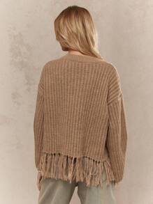 MISSGUIDED Ribbed Knit Frayed Hem Pullover Sweater V Neck Chunky Winter Fall Autumn Casual Long Sleeve Knitwear Slouchy Oversize Jumper - Brown - View 3