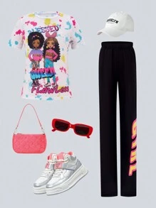 SHEIN Explorewe Tween Girl Figure And Sparkle Ink Print Tee & Letter Print Legging - Multicolor - View 1