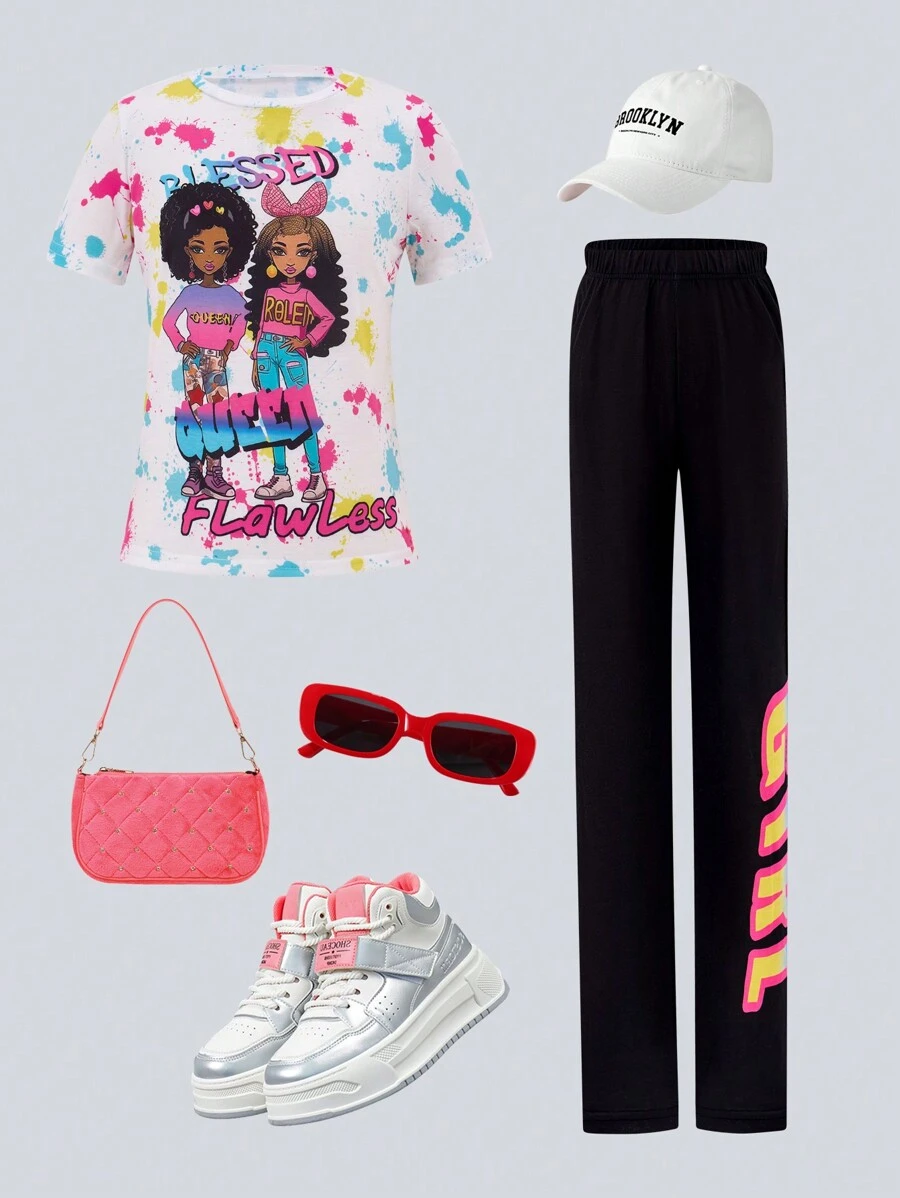 SHEIN Explorewe Tween Girl Figure And Sparkle Ink Print Tee & Letter Print Legging - Multicolor - View 1