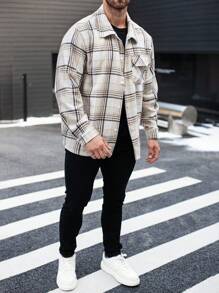 Manfinity Homme Men's Plaid Print Button Up Pocket Long Sleeve Coat, Fall Clothes