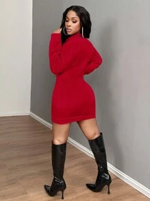SHEIN SXY Women's Deep V-Neck Long Sleeve Letter Embroidery Mini Dress, Casual & Holiday Homecoming Dress 2pack