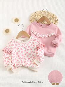 Cozy Pixies 2pcs Baby Girl Leopard Print Round Neck Ruffle Hem Long Sleeve Pullover Sweatshirt Clothing Set Graphic Chic Outfits For Autumn/Winter