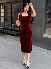 DAZY 女士丝绒中长款派对连衣裙，秋冬优雅婚礼女装红色女装圣诞鸡尾酒会礼服 - 酒紅色 - 查看 7