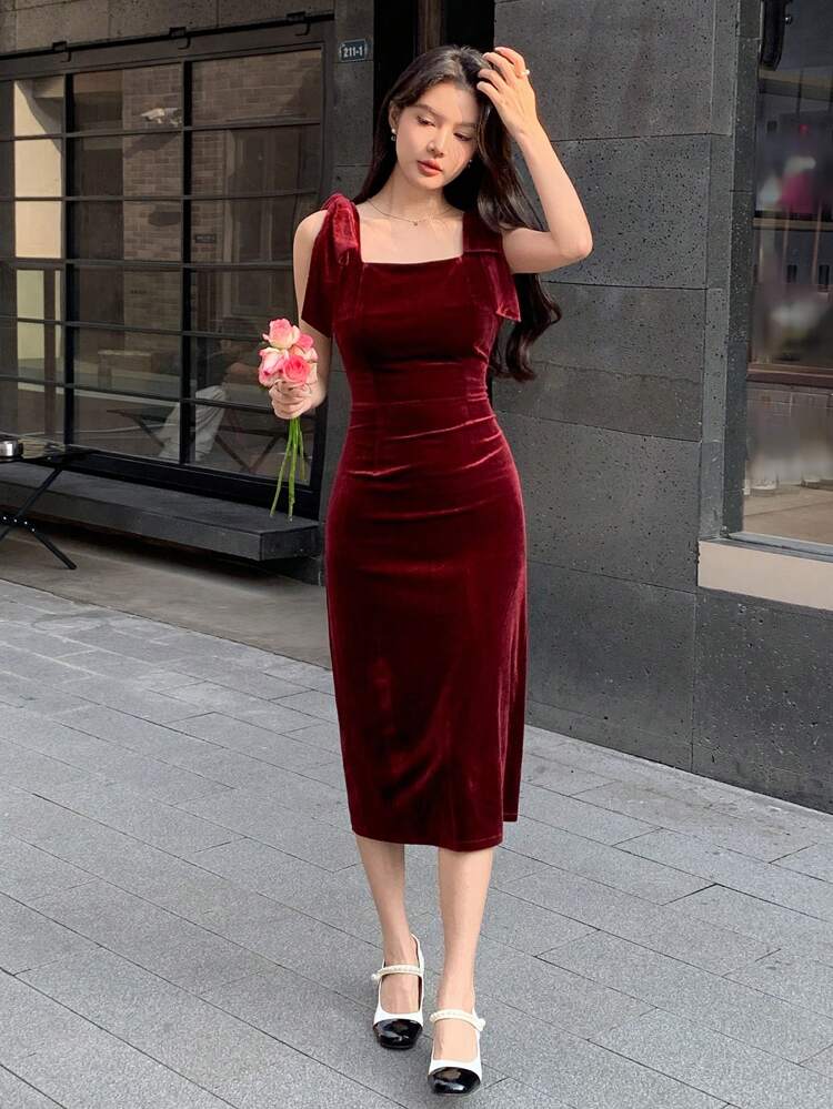 Women Velvet Midi Party Dress, Autumn/Winter Elegant Wedding Women Dresses Red Women Dresses Christmas Cocktail Dress
