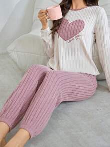 2pcs Soft Fleece Sweet Heart Embroidery Top & Pants Pajama Set, Autumn/Winter  Cozy And Elegant Details, Fall Winter Clothes