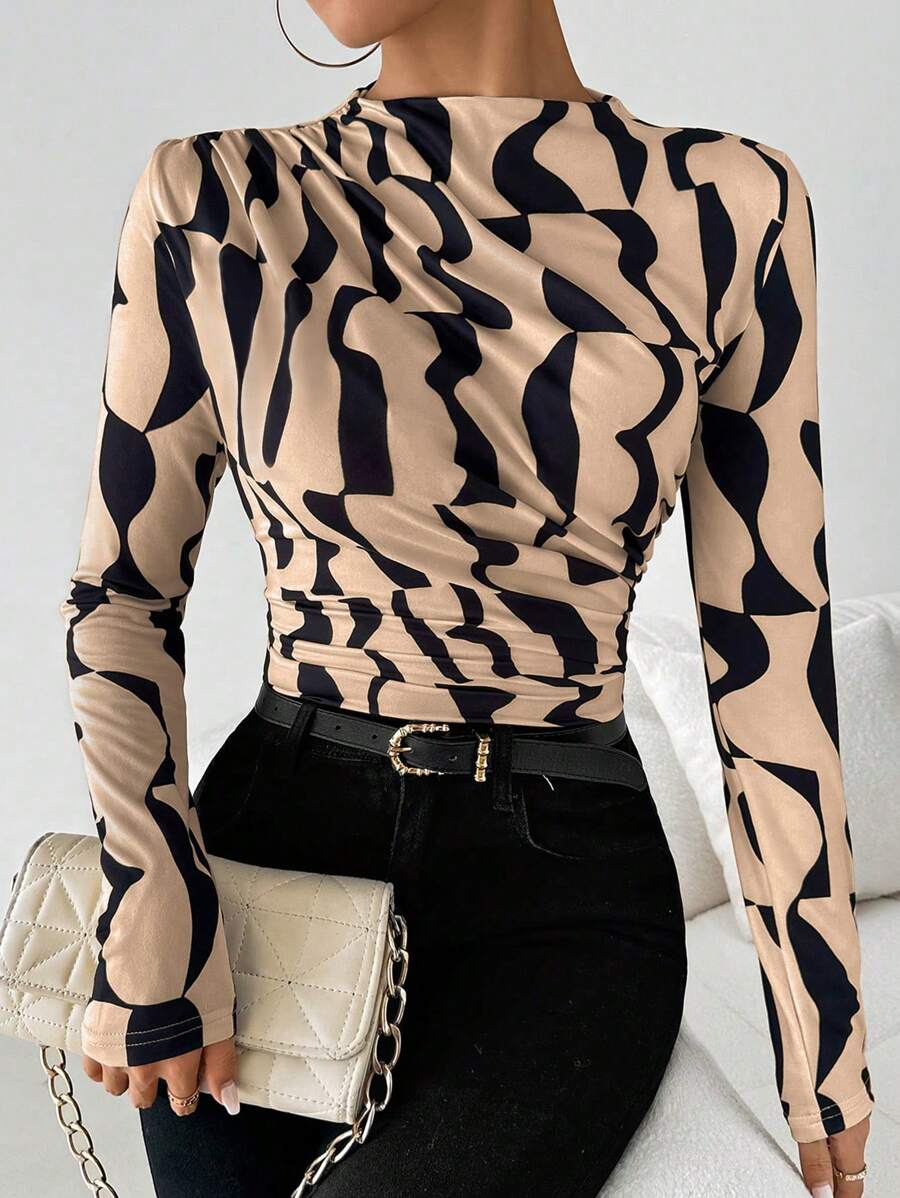 VaVaBold Camiseta de manga larga ajustada con cuello alto con pliegues y estampado aleatorio para mujeres, para atuendos de primavera