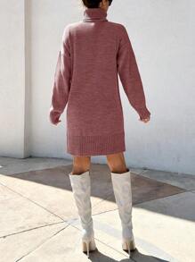 EURMUSE 女士高领蝙蝠袖纯色针织毛衣连衣裙，秋冬季休闲 - 藕粉色 - 查看 6