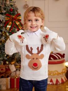 Young Boy Round Neck Loose Cute Deer Pattern Sweater, Suitable For Family Gatherings, Friends Gatherings And Christmas Events During The Christmas Season, With Nordic Style And Elegant Vibe. Comes With Warm Gloves To Protect Boys' Hands In Cold Winter