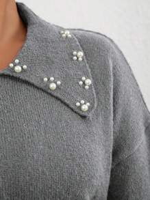 SHEIN Unity Plus Size Women Drop Shoulder Beaded Pullover Knitted Sweater, Autumn/Winter Fall - Grey - View 3
