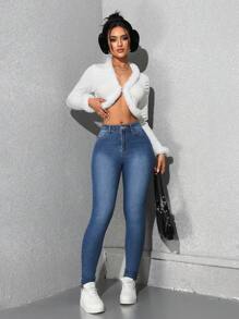 SHEIN Jeanoir Casual Mid Waist Slim Fit Washed Denim Jeans - Dark Wash - View 2
