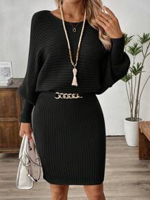 EMERY ROSE 1 pieza Vestido de suéter de punto acanalado de manga farol de unicolor para mujer en otoño/invierno - Negro - Ver 3