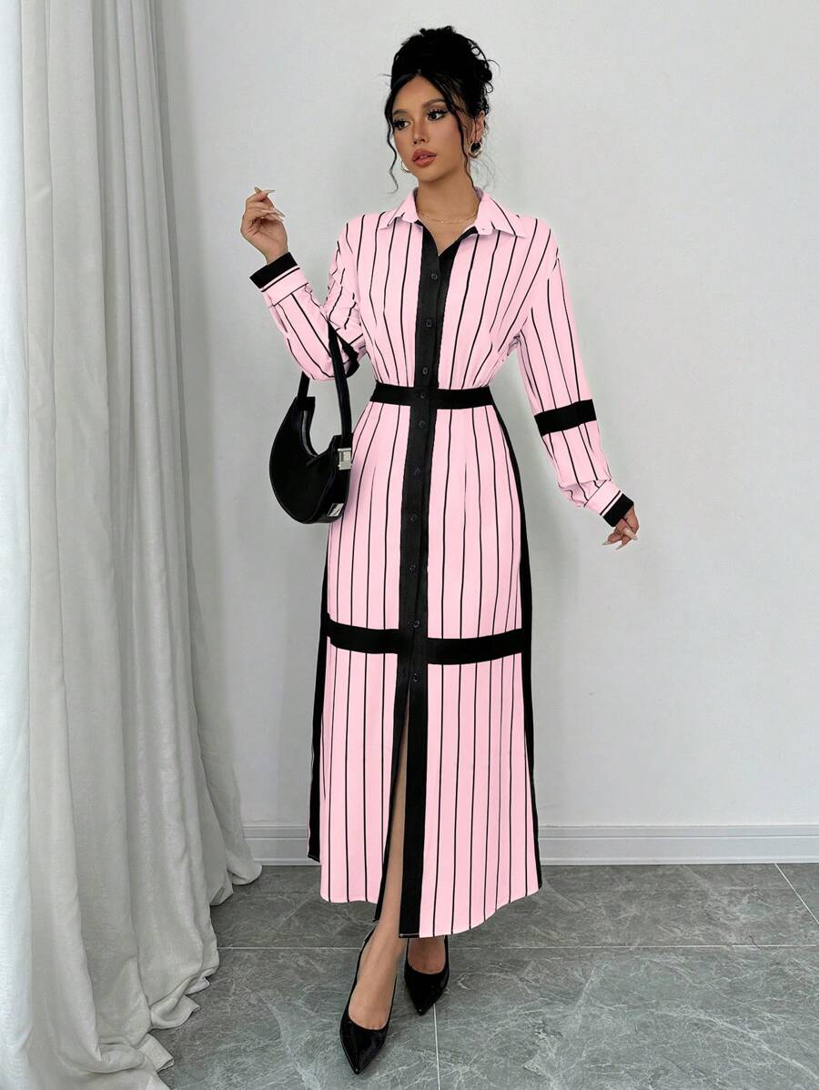 SHEIN Elenzya Đầm Maxi Kẻ Sọc Tay Dài Có Cổ Cho Nữ 2024 - Màu Hồng baby - Xem 1
