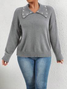 SHEIN Unity Plus Size Women Drop Shoulder Beaded Pullover Knitted Sweater, Autumn/Winter Fall - Grey - View 5