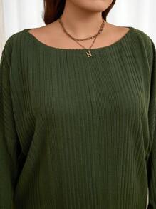 SHEIN LUNE Plus Size Solid Color Ribbed Loose T-Shirt, Casual & Simple, Autumn Plus Size Fall Clothes