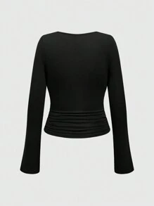 ROMWE J-Fashion Y2K Vintage Style Abbie 2 In 1 Black & Gray Stripe Patchwork Draped Neck T-Shirt For Women - Black - View 2