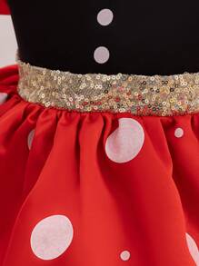 Glamorique Kids Christmas Party Santa Dress, New Year's Dress For Young Girl - Black & White Polka Dot, Sparkle Print, Puff Sleeve Princess Dress With Tiered Skirt, Bowknot, Gold Glitter Stage Performance Costume