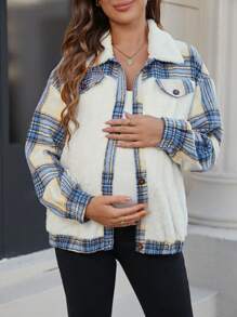 SHEIN Plaid Long Sleeve Fluffy Casual Jacket For Pregnant Women, Autumn/Winter, For Maternity - Multicolor - View 1
