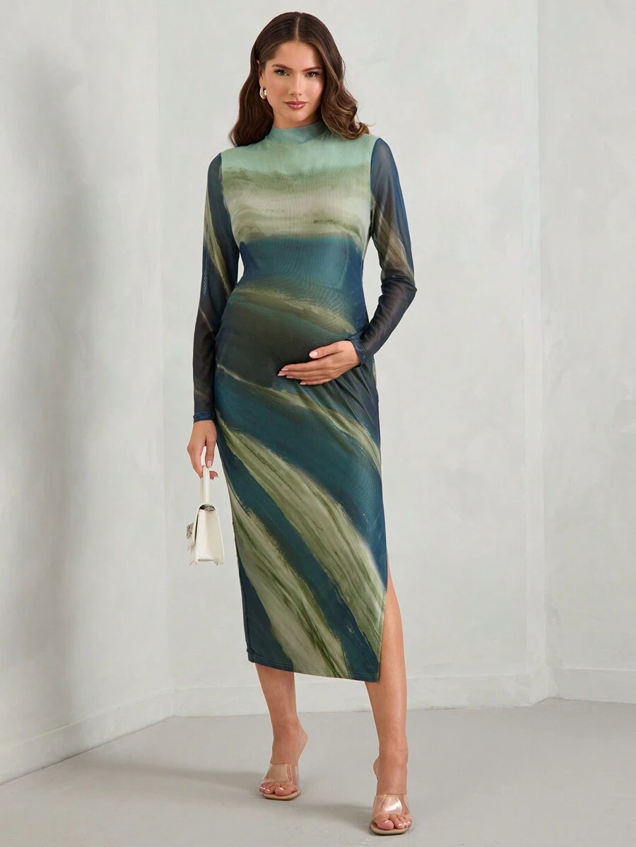 MaterniChic Maternity Striped Print Split Thigh, Split Thigh Dress, For Party