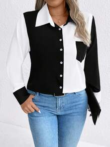 SHEIN CURVE+ Chemise grand taille mode à col boutonné avec blocs de couleurs, convient pour le business, le travail et le casual - Noir et Blanc - Voir 5