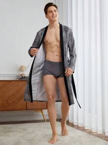 男士纯色拼接长袖抽绳长袍，休闲居家