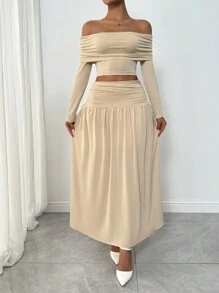 Chiquease Set de 2 piezas con top de manga larga ajustado y hombros descubiertos y falda de cintura alta, conjunto casual para mujer, otoño - Albaricoque - Ver 3