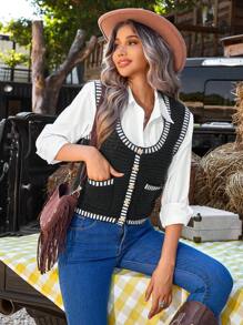 SHEIN VCAY Chaleco informal de mujer con cuello redondo, un botón y bolsillo, a rayas, para otoño
